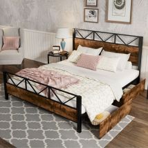 Dans Les Nuages - Erwachsenenbett 140x200 cm, 2 Plätze, mit 2 Schubladen, Rollen, Lattenrost aus Metall, Kopfteile aus Holz, Vintage, Doppelbett –