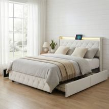 Erwachsenenbett, Doppelbett 160x200, 4 Schubladen, Gepolstertes Bett Mit Led-beleuchtung Und Usb/type-c Anschlüssen, Kopfteil Mit Stauraum, Samt, 