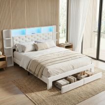 Erwachsenenbett 160x200 Mit Lattenrost, Doppelbett Mit Led-beleuchtung Und Usb/type-c Anschlüssen, 2 Schubladen, Kopfteil Mit Stauraum, Samt, 