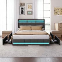 Bett 140x190 Cm, Erwachsenenbett Mit Schubladen, Doppelbett, Polsterbett, Weiche Rückenlehne, Usb-aufladung Und Verstellbare Led-beleuchtung, Leinen, 