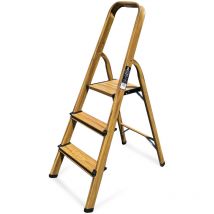 Escabeau Élégance Domestique 3 Marches (Hauteur d'accès au travail 2,60M), Marchepied, Fabriqué en Aluminium Finition bois (Chêne) - Keli
