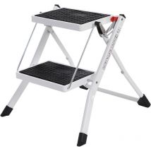 Songmics - Escalera de 2 Peldaños, Escalera Plegable, Profundo del Peldaño de 20 cm, Goma Antideslizante, con Asa, Carga de 150 kg, Acero, Blanco y