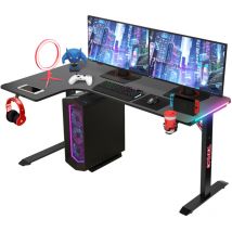 Todeco - Escritorio en Forma de l, Mesa Gaming 140×100 cm con led, Escritorio Gaming con Tablero de Fibra de Carbono, con Portavasos y Gancho para
