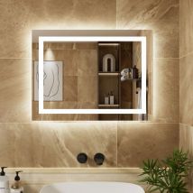 Auralum - Espejo de baño 80 x 60 cm con control táctil, 3 colores de luz, regulable, antivaho, resistente al agua IP64