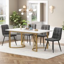 Okwish - Essgruppe (5 Teile), Esstisch-Set mit 4 Stühlen, modernes Küchentisch-Set, 140 x 80 cm großer Küchentisch mit goldenen Metallbeinen, weiße