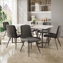 Okwish - Essgruppe (7 Teile), 140x80cm Esstisch mit 6 Stühlen, modernes Küchentischset, weiße MDF-Tischplatte, schwarze Stuhlbeine aus Eisen