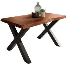 Esstisch Baumkante massiv Akazie Nuss 140 x 80 X-Gestell schwarz ATLAS