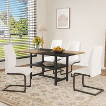 Esszimmer-tisch- Und Stuhl-set Aus Mdf, Metall Und Weißem Pu-leder, Holzoptik, 160x90 Cm, Mit Ablagefach Und 4 Stühlen