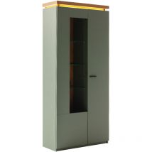 Esszimmer-Vitrinenschrank mit 88 cm Breite in Grün mit Eiche, 2 Türen, Glaseinsatz, LED-Akzentbeleuchtung - MOSTAR-05