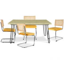 Privatefloor - Pack Esstisch im Industriedesign 120cm & 4 Rattan-Esszimmerstühle - Samtpolsterung - Martha