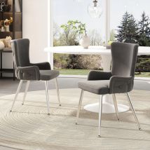 Redom - Set aus 2 Samt-Esszimmerstühlen, luxuriöser Lounge-Sessel für Wohnzimmer, Schlafzimmer, mit vier silbernen Metallstützbeinen, Grau
