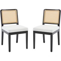 Wahson Office Chairs - Esszimmerstühle 2er Set Leinen Küchenstühle mit Rattan Rückenlehne Retro Holz Akzentstühle Polsterstühle für Esszimmer Küche