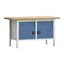 Establecido PW 700 l.1500xP700xH840 mm haya Multiplex gris claro, RAL 7035 azul brillante RAL 5007 2 cajones 2 puertas