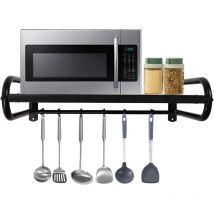 Gojoy - Estantería para microondas de un solo nivel, estantería rectangular montada en la pared, soporte multifuncional con 6 ganchos, 53 cm, negro,