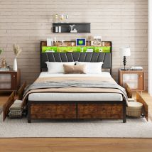Rosahqnda - Estructura de cama de metal 160 x 200 cm, Cabecero con espacio de almacenamiento, led, Puerto usb, Cama juvenil, Cama de almacenamiento