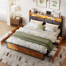 Rosahqnda - Estructura de cama de metal 180 x 200 cm, Cabecero con espacio de almacenamiento, led, Cama juvenil, Cama de almacenamiento de estilo