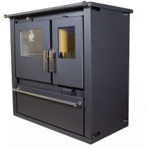 Verso - Estufa de leña con horno de inox, placa superior metálica, salida de humos a la izquierda y paneles laterales pintados en negro cs - 7.7 kW,