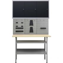Etabli 120 cm avec 3 panneaux muraux et 1 armoire garage table de travail gris noir