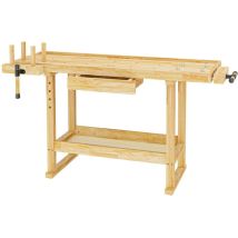 Wiltec Établi de travail – en Hévéa/Rubberwood – 45 x 49 x 86 cm – avec Tiroir, espace de rangement, pince et crochet d'établi – Pour aménagement,