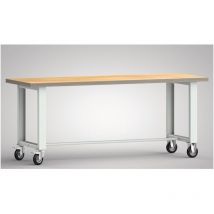 Établi l.2000xP700xH840 mm hêtre Multiplex gris clair, RAL 7035 roul. fixes+pivot., caout. pl. D. 125 mm