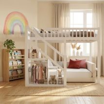 Etagenbett 140x200 Cm, Kinderbett 140x200 Für 2 Kinder, Hochbett Mit Lattenrost, Hausbett Mit Stauraumtreppe & Kleiderbügel, Rausfallschutz, 