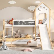 Etagenbett 90x200 cm, 2 Plätze, mit Rutsche, Zeichenbrett, Treppe, Lattenrost, Sicherheitsgeländer, Kinderbett aus Holz - Weiß
