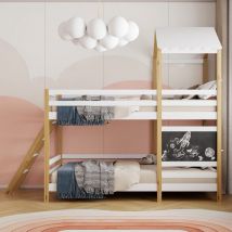 Tanant - Etagenbett 90x200cm - Massivholzbettrahmen, mit Absturzsicherung, Treppe und Tafel, Lattenrost, Hochbett für zwei - Weiß + Holz