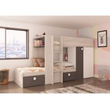 Etagenbett , 285 x 110 x 150 cm, Graphitschwarz-Eiche und Mattweiß mit Kleiderschrank und unterem Bettgestell - Albenga