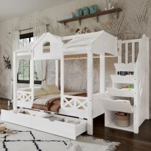 Etagenbett Für Kinder 90x200 / 140x200 Cm, Mit 2 Schubladen Auf Rollen - Kinderbett, Mit Fenstern Und Dach, Treppenschrank - Weiß