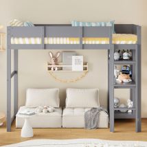 Hochbett Aus Kiefernholz Grau 90x200 Cm Mit Ablageregal Und Lattenrost