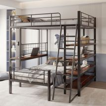 Etagenbett Metall Schwarz 140x200/90x200 Cm, Teilbar, Mit Regalfächern Und Lattenrost