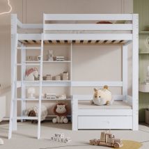 Etagenbett mit Regalen und Sofa, Holzbett mit Schublade, Kinderbett mit fünfstufiger Schrägleiter, Bettgestell aus Massivholz, weiß, 90x200 cm