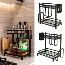 Tagère à Epice,Boîtes à épices ,Étagère de cuisine,étagère avec Support pour Planche à Découper Porte,2 Niveaux,noir