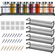 Etagere a Epices Murale Metal, 4 pcs Rangement Epices Cuisine Mural-Approximativement 29×8×6cm, L'ensemble de Etagere Epices Cuisine Mural-Noire