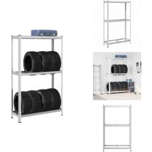 Étagère à pneus à 2 niveaux argent acier et bois d'ingénierie - Étagère À Pneus - Étagères À Pneus - Étagère De Garage - Étagère