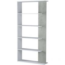 Bibliothèque avec cinq étagères, couleur blanc artik avec détail couleur béton, 180 x 90 x 25 cm