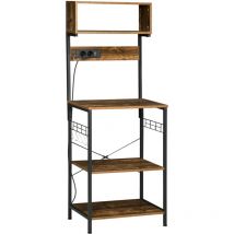 Homcom - tagère de cuisine avec multiprise et 2 chargeurs usb - 2 étagères, plateau, niche, 5 crochets - acier noir aspect bois vieilli