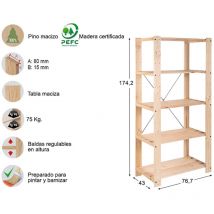 Etagère à lattes Evolution 5, 76,5x38,5x174,5cm pin Astigarraga massif