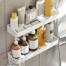 Sunxury - Etagere Douche, Lot de 2 Etagère Douche sans Perçage, 40 cm Blanc, Suspendre Étagère de Douche, avec 5 Crochets Mobiles Étagère de Douche