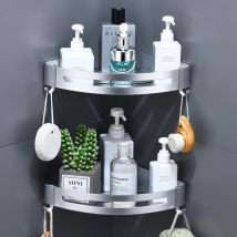 Badezimmer-Aufbewahrungsregal, Eck-Duschregal ohne Bohren, Metall-Wand-Duschregal mit Haken, Duschcaddy zum Kleben (glänzendes Sandsilber, 2 Ebenen)