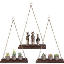 Tagères flottantes, 3 étagères suspendues en bois avec corde de jute, étagères murales en bois suspendues, étagère murale pour décorer un café, une