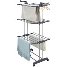 Séchoir Tour D'Intérieur Pliable 3 Niveaux – Acier Inoxydable – 6 Ailes Pliantes – Roulettes Pour Mobilité – Capacité 35 Kg – Dimensions 75-126x64x170
