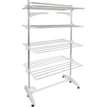 Todeco - Etendoir à Linge, Etendage à Linge, 4 étagères, Blanc, avec ailes et barre supérieure, Matériau: Tubes en acier inoxydable