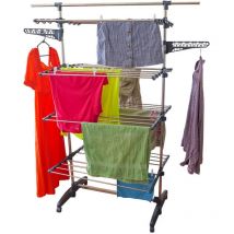 Oxeo - Etendoir pliable sur roulettes - 4 niv - barre télescopique - acier - H168 cm - 10 cintres - 20 pinces à linges 2 porte-cintres