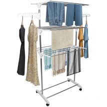 Tendoir,Étendoir séchoir à linge, Etendoir Linge Intérieur et Extérieur,3 Niveaux Sechoir à Linge Pliable avec Roues,argent+Blanc