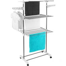 Tendoir,Étendoir séchoir à linge, Etendoir Linge Intérieur et Extérieur,3 Niveaux Sechoir à Linge Pliable avec Roues,grise+Blanc