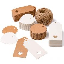 Tiquette cadeau 200PCS étiquette en papier kraft de brun et blanc,Étiquettes vierges en rectangulaire en forme de cœur de ronde,étiquette pour