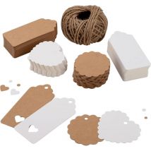 Tiquette cadeau 200PCS étiquette en papier kraft de brun et blanc,Étiquettes vierges en rectangulaire en forme de cœur de ronde,étiquette pour