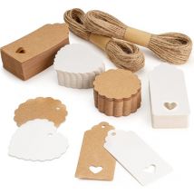 Jalleria - tiquette cadeau 200PCS étiquette en papier kraft de brun et blanc,Étiquettes vierges en rectangulaire en forme de cœur de ronde,étiquette