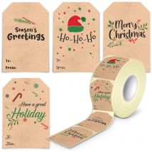 Tiquettes cadeaux autocollantes de Noël, rouleau de 300 autocollants Kraft de Noël, étiquettes cadeaux autocollantes de Noël 5 x 7,6 cm, autocollants